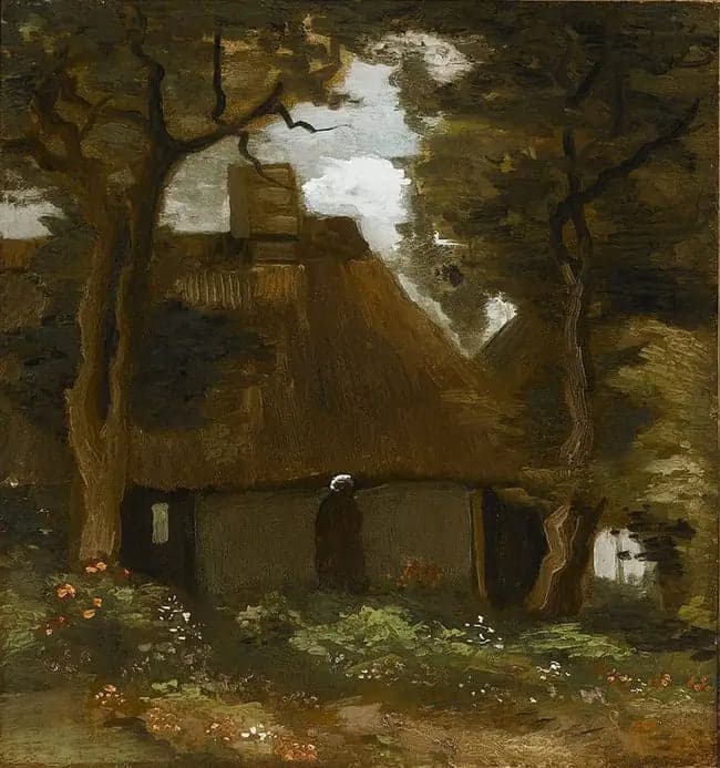Chalet with trees and peasant woman