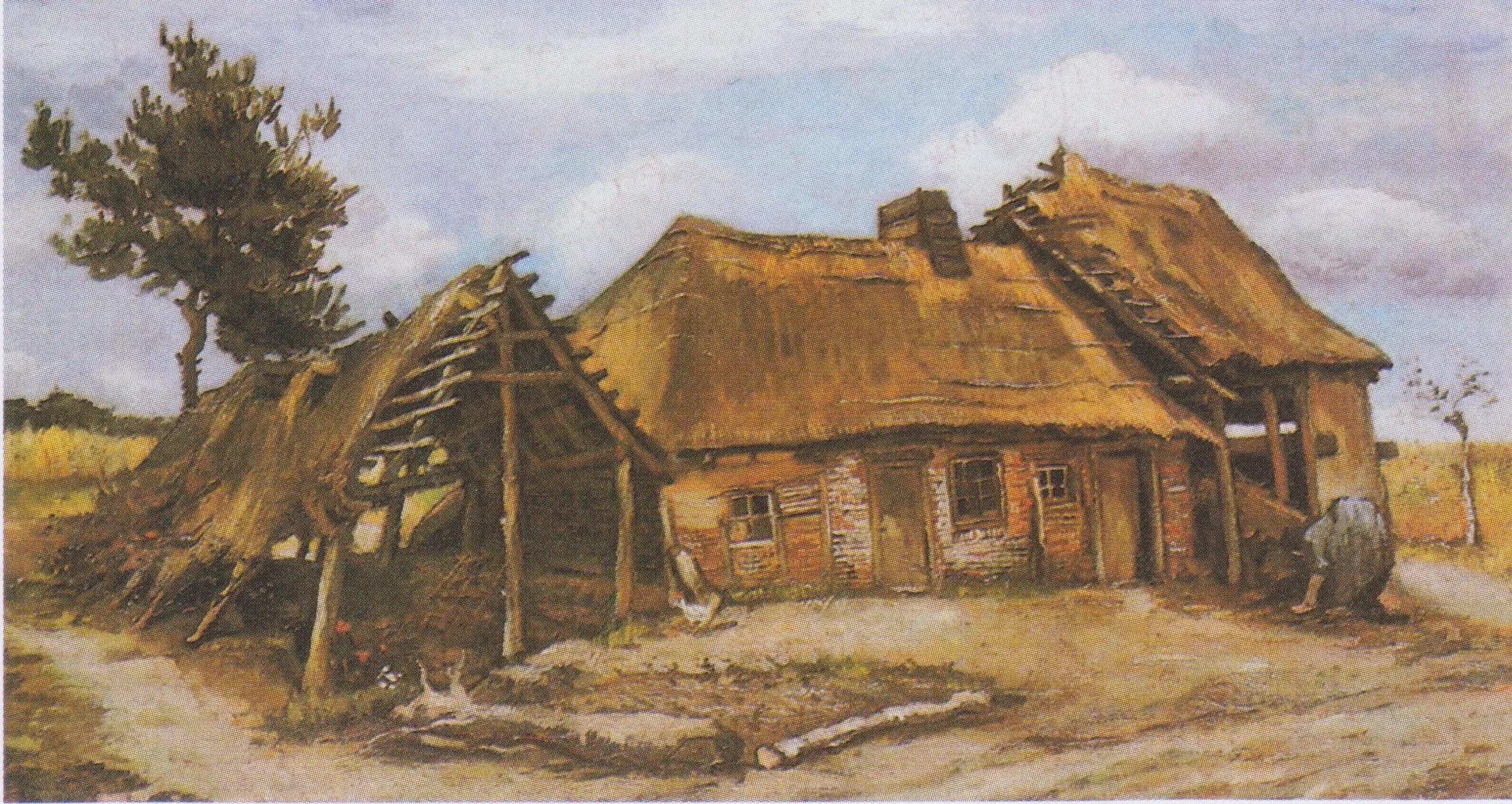Farm with a Hunched Peasant Woman in a Blue Dress