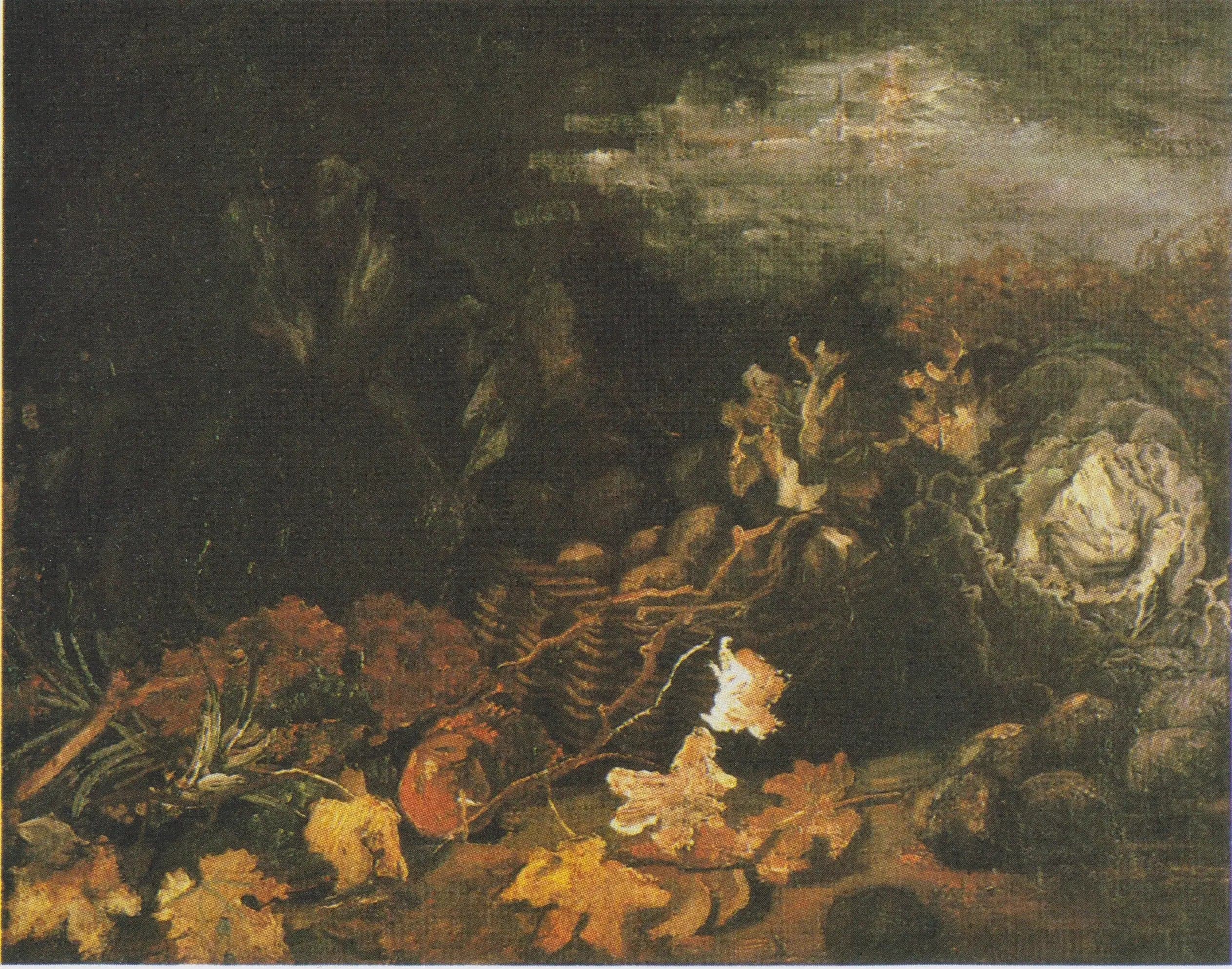 Still life with a basket of potatoes, surrounded by autumn leaves and vegetables