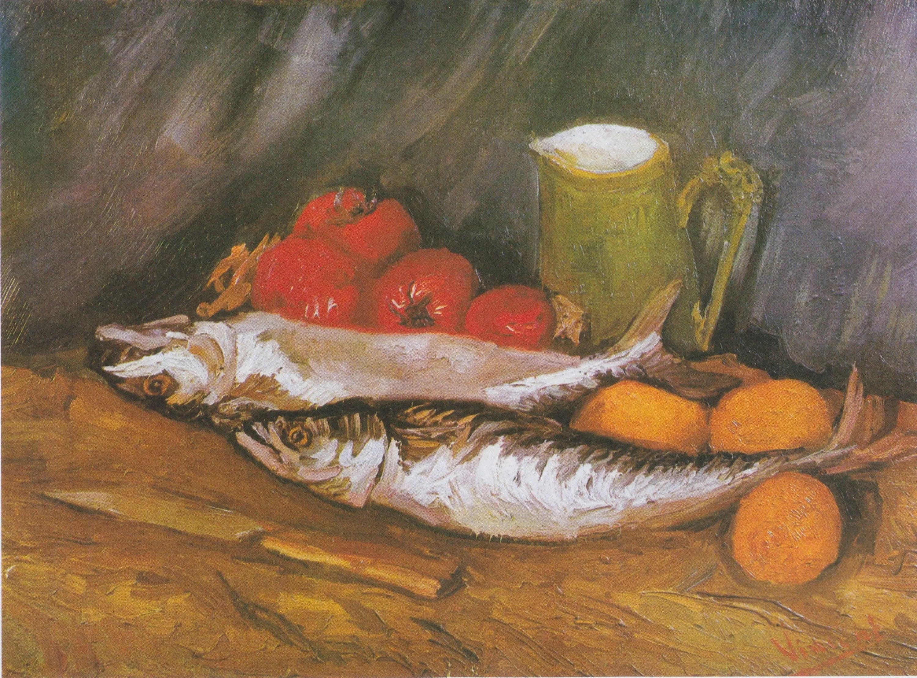 Still life with mackerel, lemon, and tomato