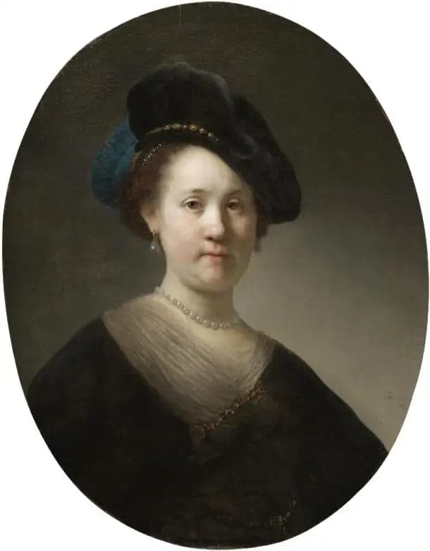 Bust of a young woman in a feathered beret