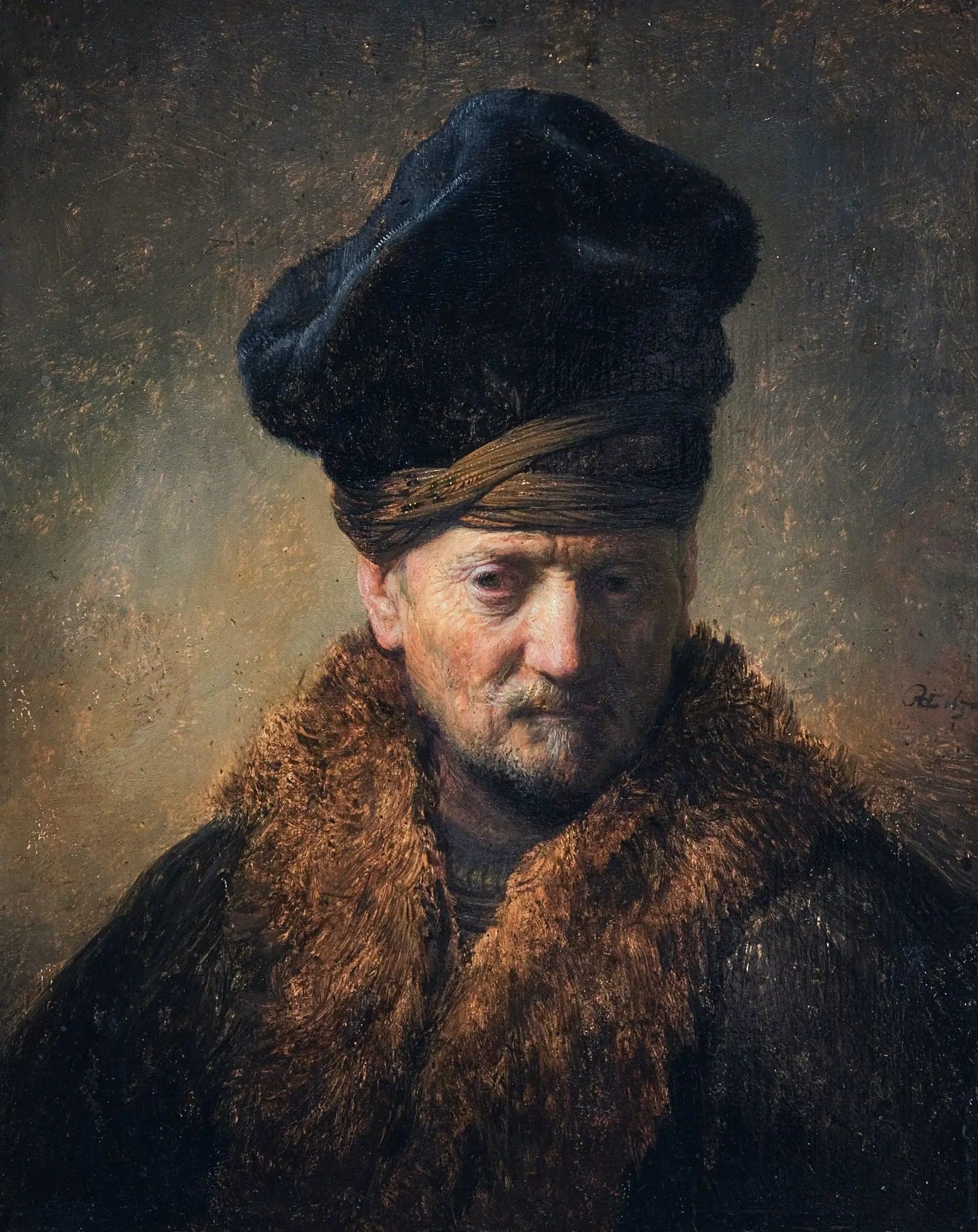 Bust of an old man with a fur hat