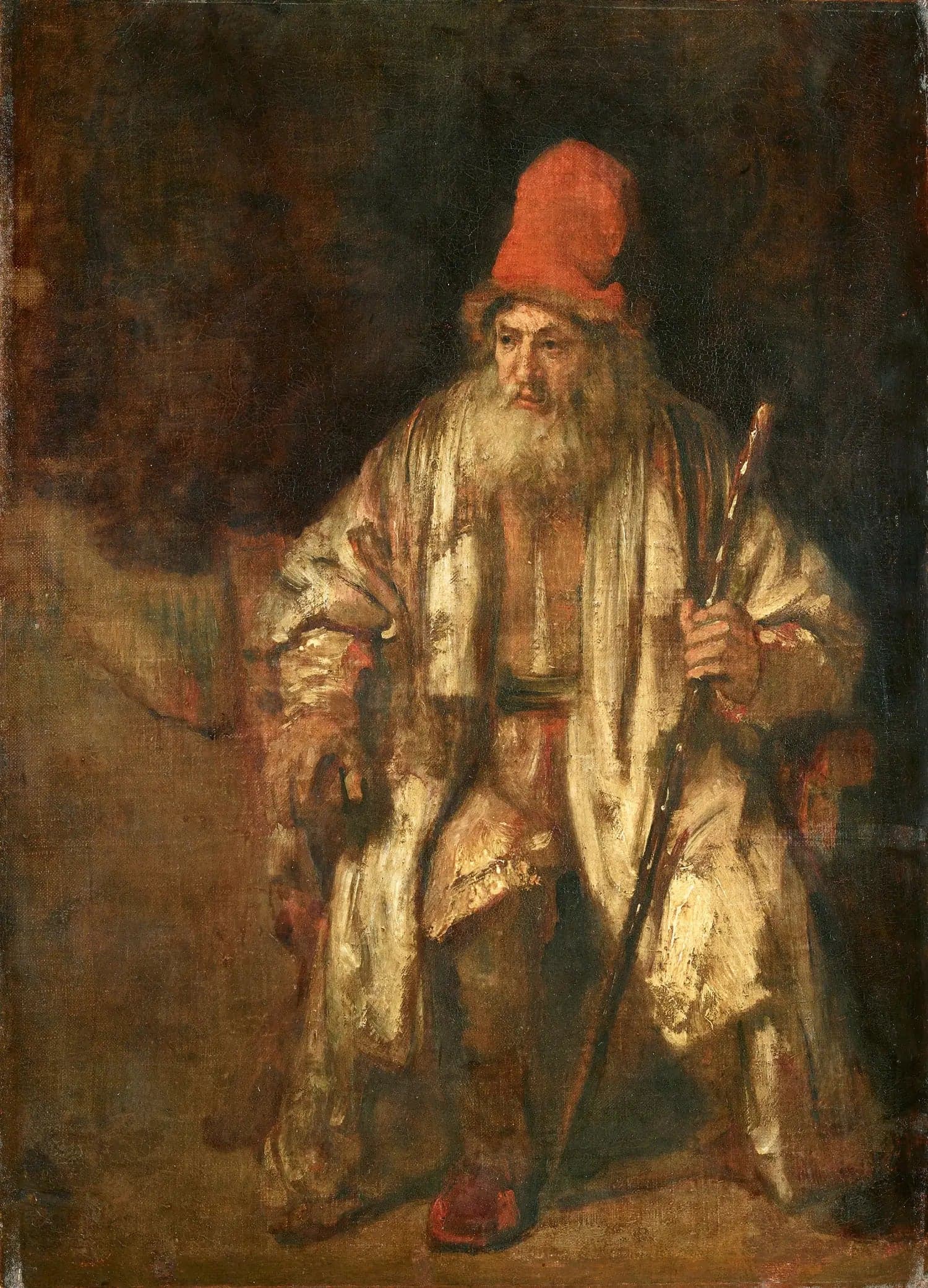 Portrait of an Old Man Sitting Wearing a Red Hat