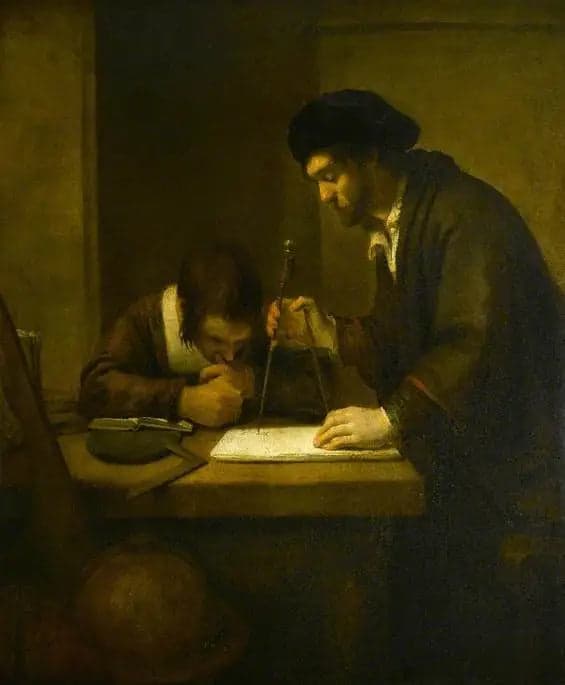 The mathematician, an erudite with divisors and a square ruler at a desk in his office assisted by a student