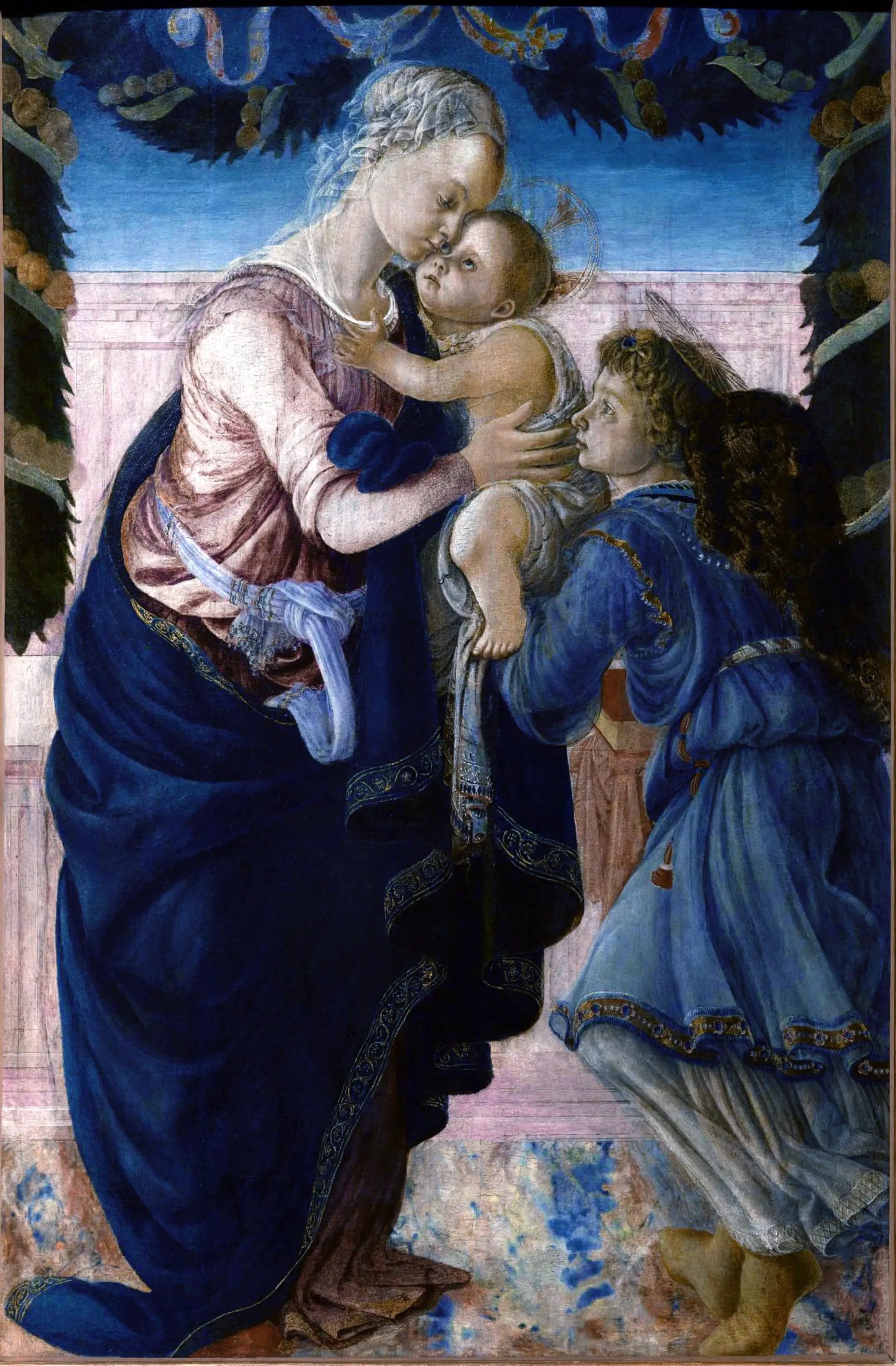 Virgin and Child supported by an angel under a garland