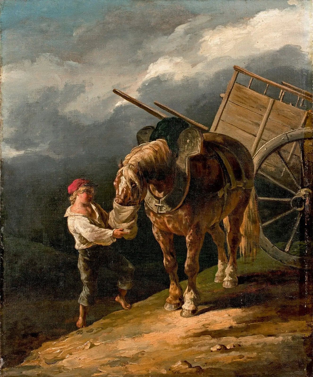 Boy Giving Oats to an Unharnessed Horse