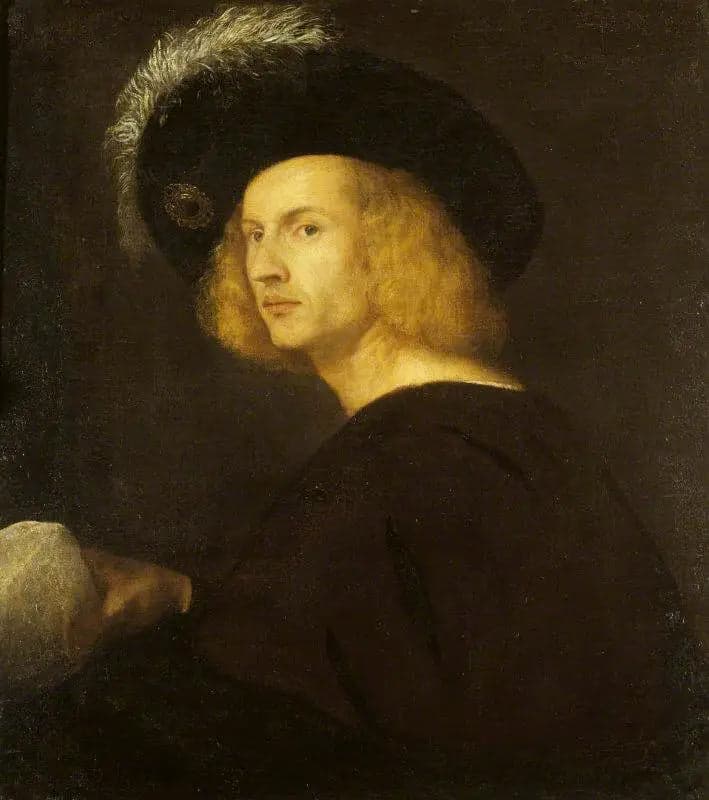 An unknown man wearing a black feathered hat