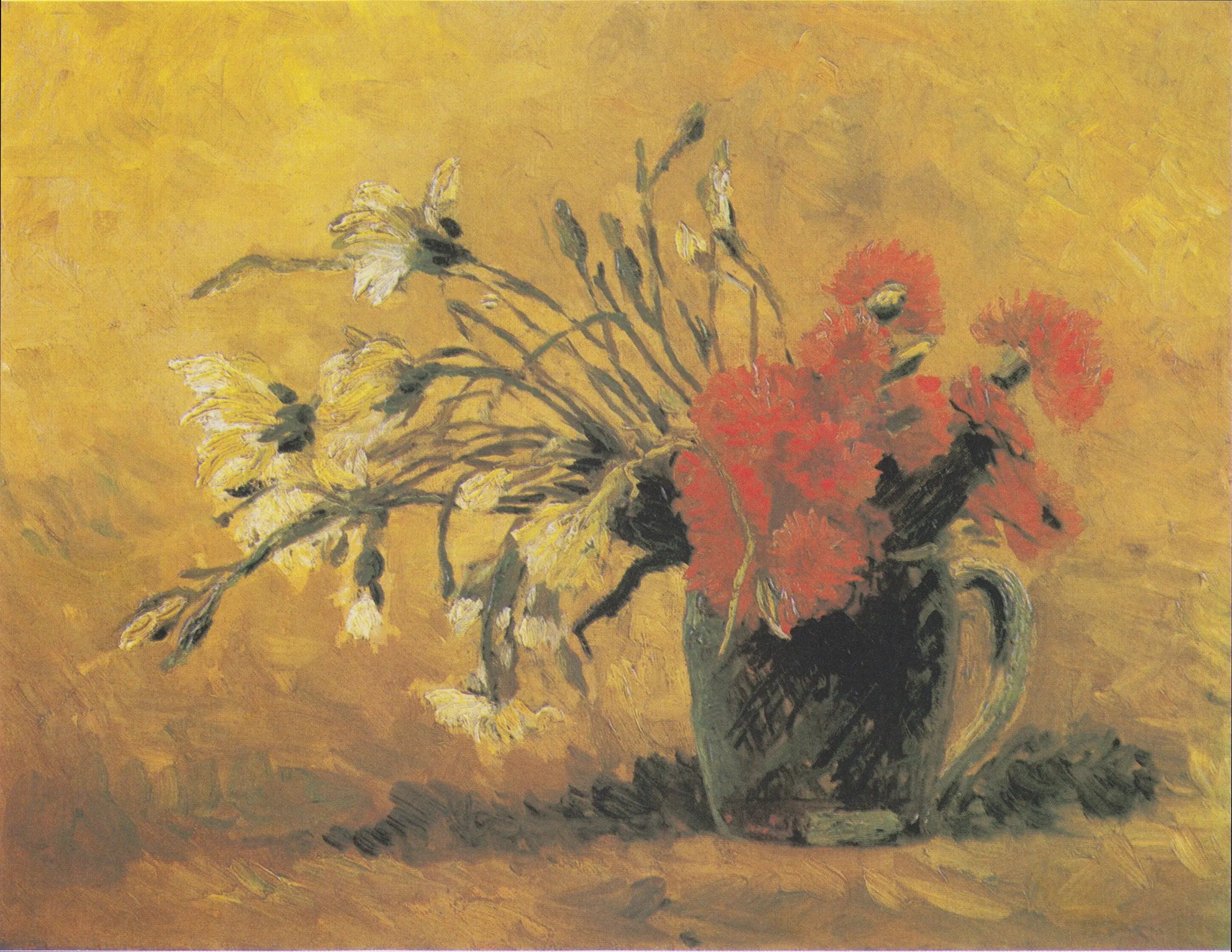 Vase with red and white carnation on yellow background