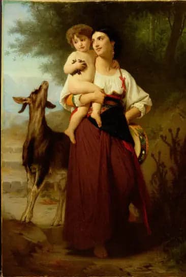 Young Mother in Country Costume with Her Child and a Goat